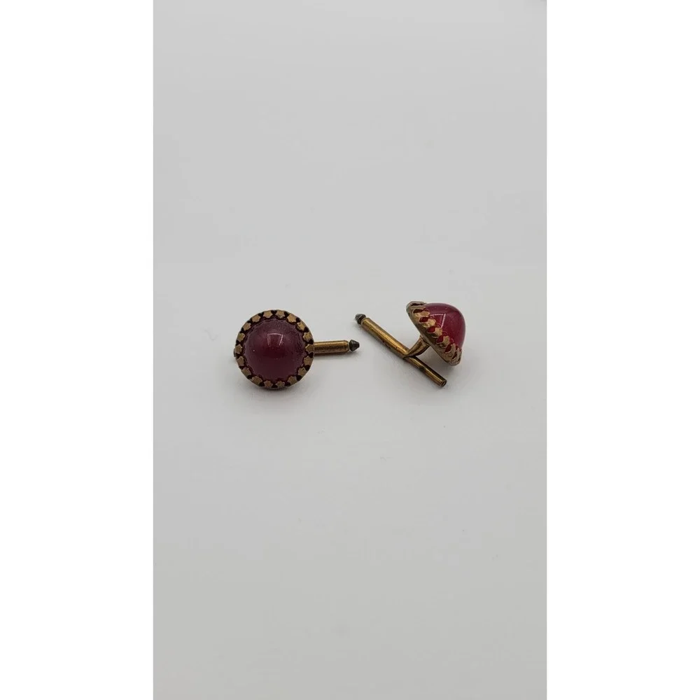 Vtg Red Glass Cufflinks,‎ Domed Cabochon, Torpedo Toggle, Victorian Brass